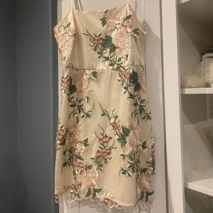 Aubrie Champagne Floral Embroidered Skater Dress Lulus NWT